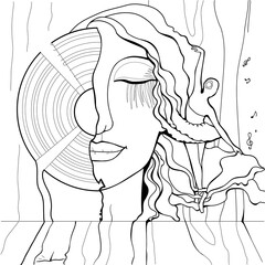 A young beautiful girl with closed eyes. Dancing ballerina on the background of a musical record. Woman's dream. Adult coloring book.