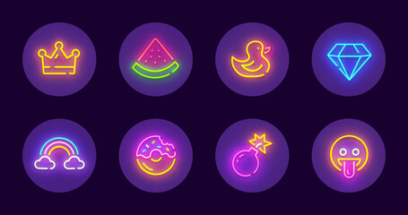 Highlights covers neon. Set of round icons for social media. Set neon icons, emblem. Vector illustration
