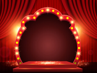 Background with red curtain, arch banner and spotlights. Design for presentation, concert, show