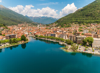 Fototapeta na wymiar Aerial view of Omegna on the coast of Lake Orta in the province of Verbano-Cusio-Ossola, Piedmont, Italy