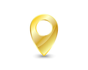 Golden marker location icon. Vector illustration. Golden map pointer isolated on white background.