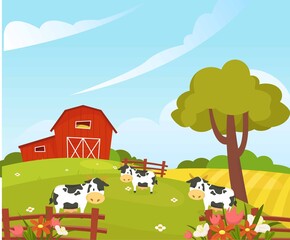 Vector illustration of a beautiful landscape in a modern style. Mill and field of wheat. Cows in the pasture. Village. Farm.