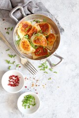 Homemade fried ravioli. Fried polish potato pierogis. Top view with copy space. Vegetarian and vegan food.