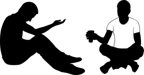 silhouettes of men sitting down begging