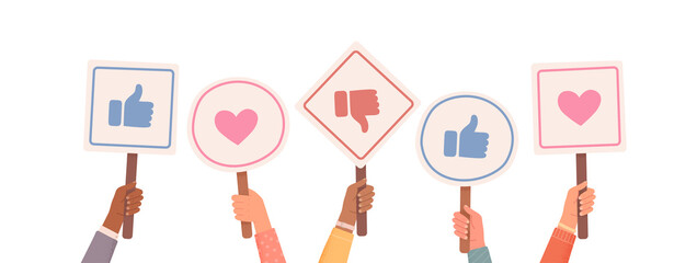 Hands holding signs with likes and dislikes. Votes of judges. Feedback. Hands holding likes and dislikes signs. Vector illustration