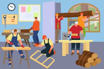 Man work with wood, carpenter person at workshop, vector illustration. People group character use special carpentry tools, flat equipment, saw.