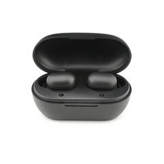 In-ear headphones. Black wireless earphones in-ear with charging case. Wireless earbuds or earphones on white background. 