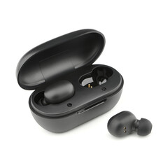 In-ear headphones. Black wireless earphones in-ear with charging case. Wireless earbuds or...