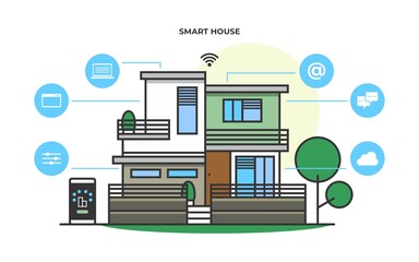 Modern smart house infographic vector illustration. Smart house technology system with centralized control. Flat design style.