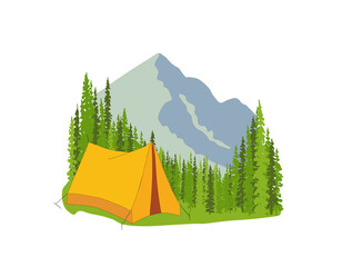 Yellow tent with forest and blue mountains in the background, sun, clouds. Simple flat design illustration isolated on whte background. Wildlife, camping in nature. 