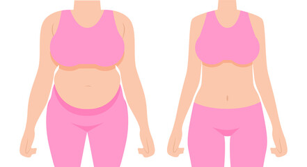 Girl before and after fat loss. A thin and fat girl. Vector illustration for design, banner, and magazine.