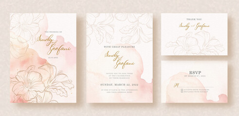 Gold flowers on splash background watercolor of wedding invitation