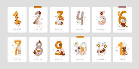 Baby milestone cards with cute animals and numbers for newborn girl or boy. 1-11 months and 1 year. Baby shower print capturing all the special moments. Baby month anniversary card. Nursery print