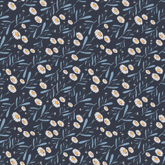 Seamless botanical dark pattern with daisies
