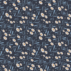 Seamless botanical dark pattern with daisies
