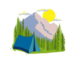 Blue tent with forest and blue mountains in the background, sun, clouds. Simple flat design illustration isolated on white background. Wildlife, camping in nature.