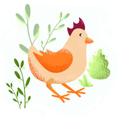 Bright yellow chicken on a blue background with green grass in honor of Easter and spring