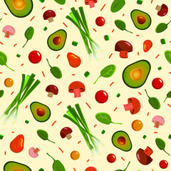 Image of a pattern and vegetables: onions, tomatoes, mushrooms, lettuce, avocado, on a light yellow background