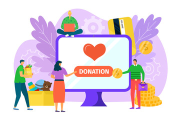 Finance for charity, donate money in internet, vector illustration. Help by making web donation at computer, flat online support.