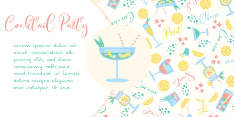 Coctail Party Flyer Banner in trendy color. Summer drinks with lemon, berry, mint, ice and straw. Party, pub, restoraunt or club invitation. fresh and cold alcohol coctail. Vector illustration.