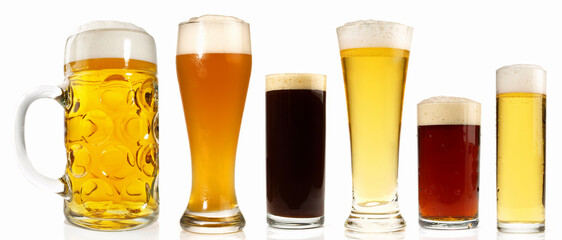 German Beer Varieties - Different Beer with Foam on white Background Isolated