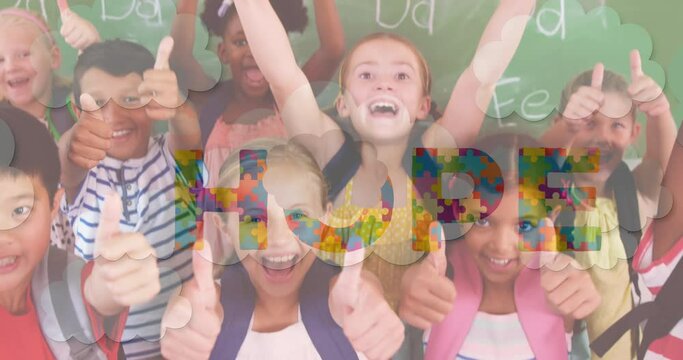 Animation of hope text formed with puzzles over school children cheering with thumbs up