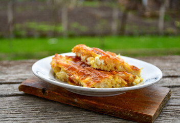 Bakery .Home made  cheese pie  with phyllo pastry and organic eggs. Bulgarian banitsa