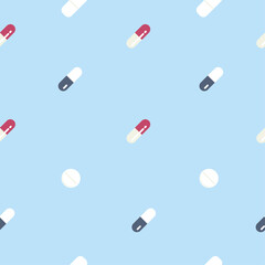 Medical seamless pattern of pills and capsules. Hand drawn isolated elements. Medicine supplements. Vector Illustration.