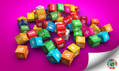 Sustainable Development inspiration work. 3D rendering colorful cubes Illustration of Corporate social responsibility. Concept design to create a Sustainable world. 3D Icons. 3D Illustration.