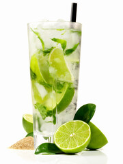 Mojito Cocktail with Lime and brown Sugar on white Background - Isolated
