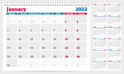 Fototapeta na wymiar Calendar 2022 planner template. Week Starts on Monday. Set of 12 Months. Vector Illustration