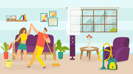 Family day with music, vector illustration. Man woman people character make housework, happy people dance while household work. Funny room cleaning