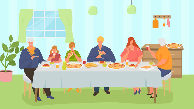 Family dinner, happy people take meal together, vector illustration. Man woman kid people character eat pizza at home. Mother father grandparents