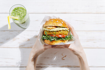 Vegan with a lump, gluten-free, with flax seeds. chickpea burgers with arugula, radish, avocado...