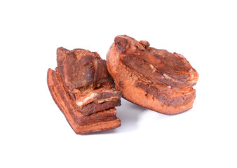 Pork fat.A piece of homemade boiled brisket with meat layers is isolated on a white background.