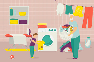 Family make housework, father son washing clothes together, vector illustration. Man boy character make chores work, cleaning home.