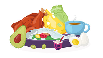 Keto diet food, vector illustration. Healthy nutrition with avocado, vegetable, fish, meat for flat lifestyle concept. Fat organic product