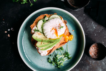Breakfast. Sandwich with cream cheese, avocado, cucumber and poached egg