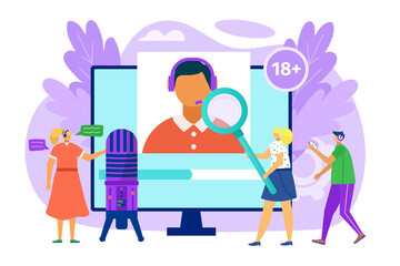 Media control at computer screen concept, vector illustration. Man woman people character check digital information from internet.