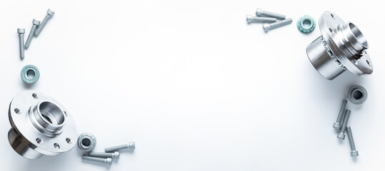 Car service. Auto motor mechanic spare or automotive piece on white banner background. Set of new metal car part. Repair and vehicle service with space for text.