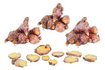 Fresh Red Ginger root and slice isolated on white background.