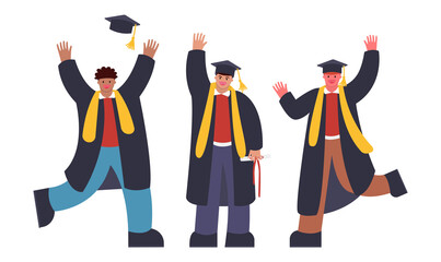 Group of graduating students standing together. With a headdress, with a report card, funny and happy characters, of different nationalities, in a flat style