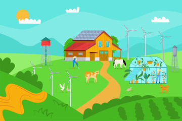 Smart farm technology for agriculture plant, vector illustration. Nature field farming with internet application, solar energy battery at roof.