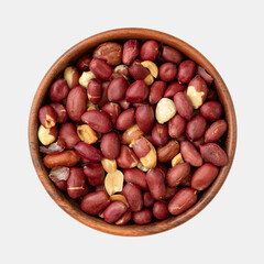 roasted peanuts in wooden bowl isolated on white background