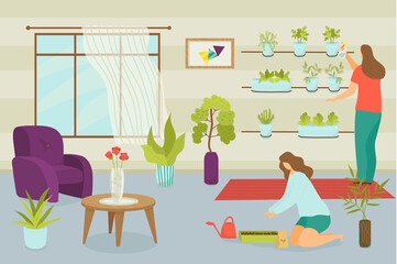 Urban garden at home, vector illustration. Woman character place plant pot in apartment interior, gardening at house indoor.