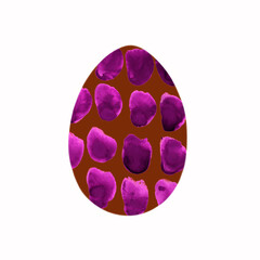 Easter egg - animal print with stains, isolated on white background. Simple violet and red boho watercolor. Design for background, cover and packaging, Easter and food illustration, greeting card.
