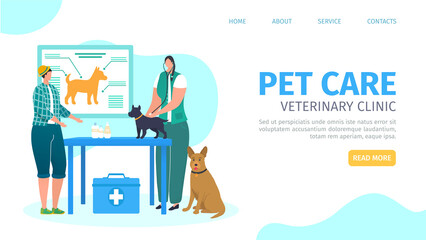 Veterinary clinic service for pet care concept, web page, vector illustration. Woman veterinar character checking cute dog. Hospital for flat animal
