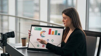 Side view of a business lady recording on a video camera a presentation on slides with infographics