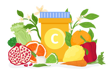 Vitamin c, natural product for good health, vector illustration. Medical treatment by natural food nutrition, healthy food set design.