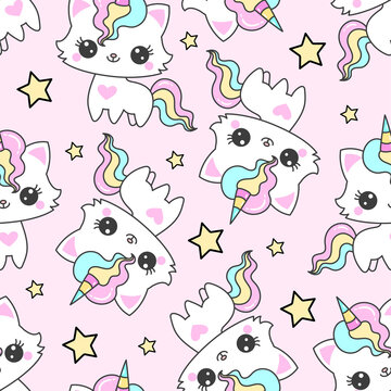 Seamless pattern with cat unicorn and stars on a pink background. Vector